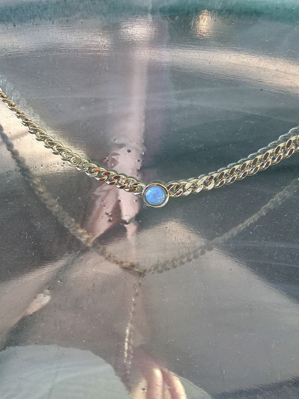 Gold Plated Chain Necklace with Blue Opal-Tone Pendant